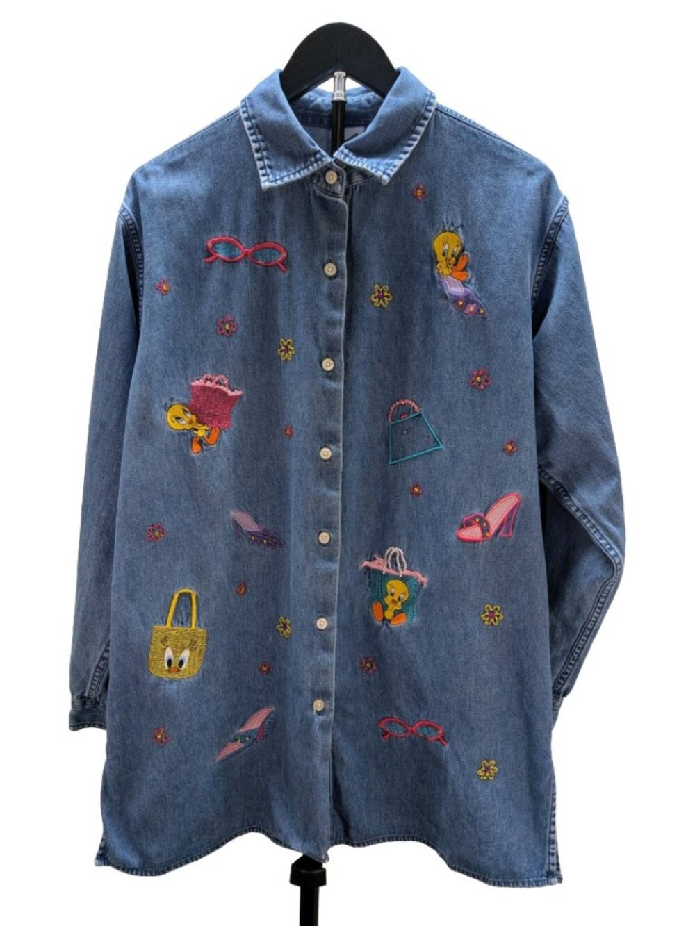 Vintage Warner Bros Studio Store Tweety Bird Embroidered Denim Tunic Top Medium